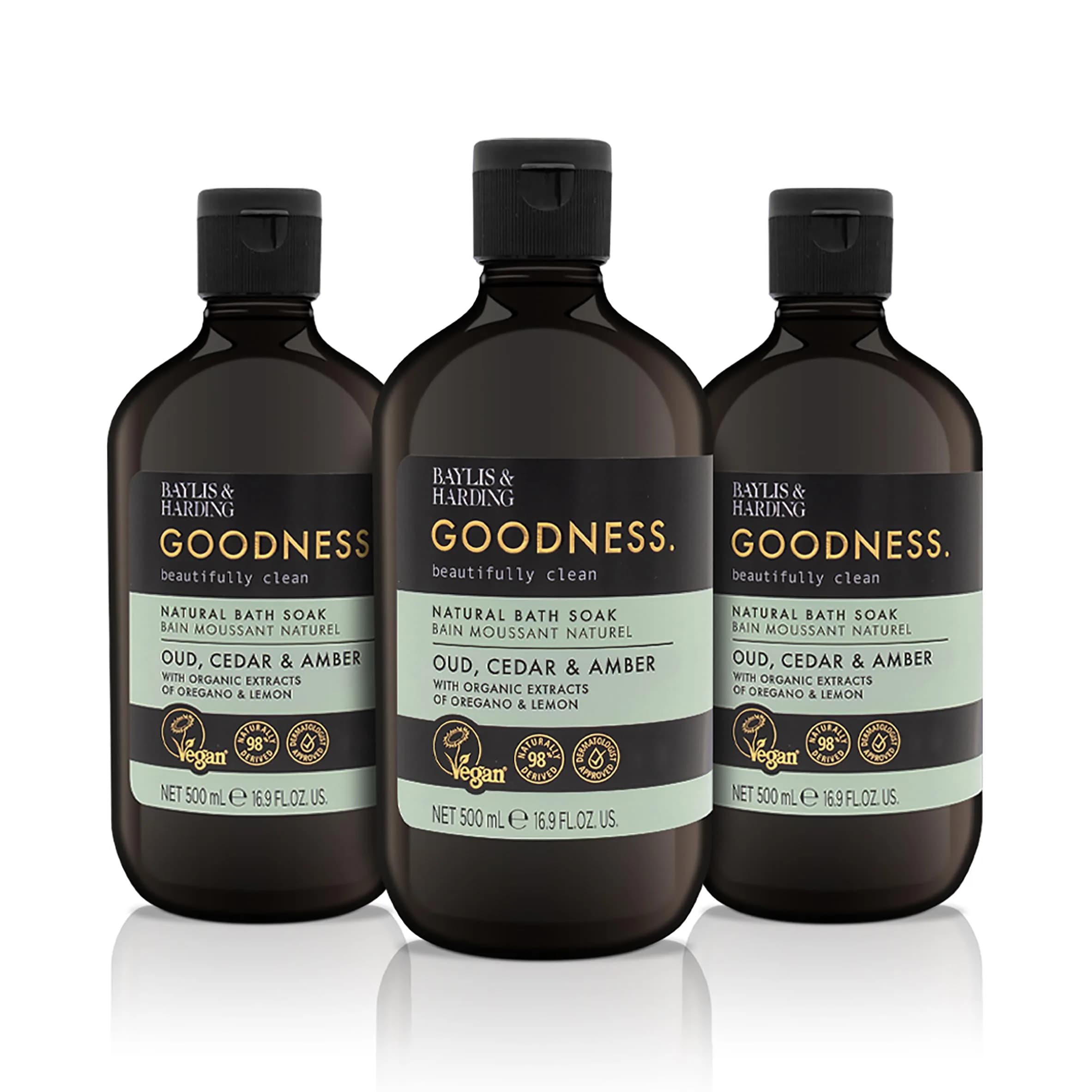 Baylis & Harding Goodness Natural Bubble Bath 16.9 Fl Oz | 3 Pack, Oud Cedar Amber, Vegan & Eco-Friendly