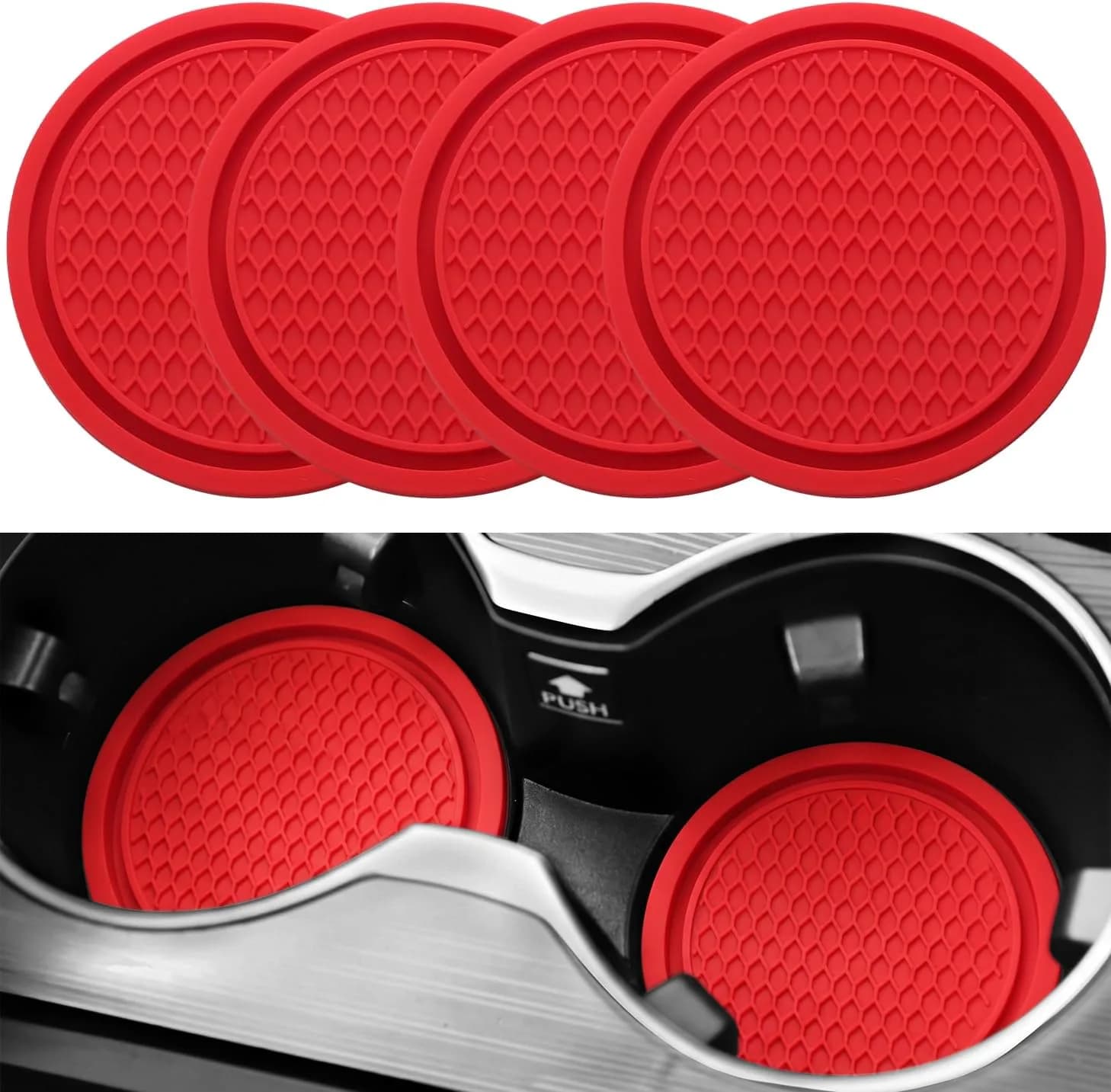 SINGARO Black Silicone Car Cup Coaster Set | 4PCS Universal Non-Slip Cup Holders with Groove Patterns — Red