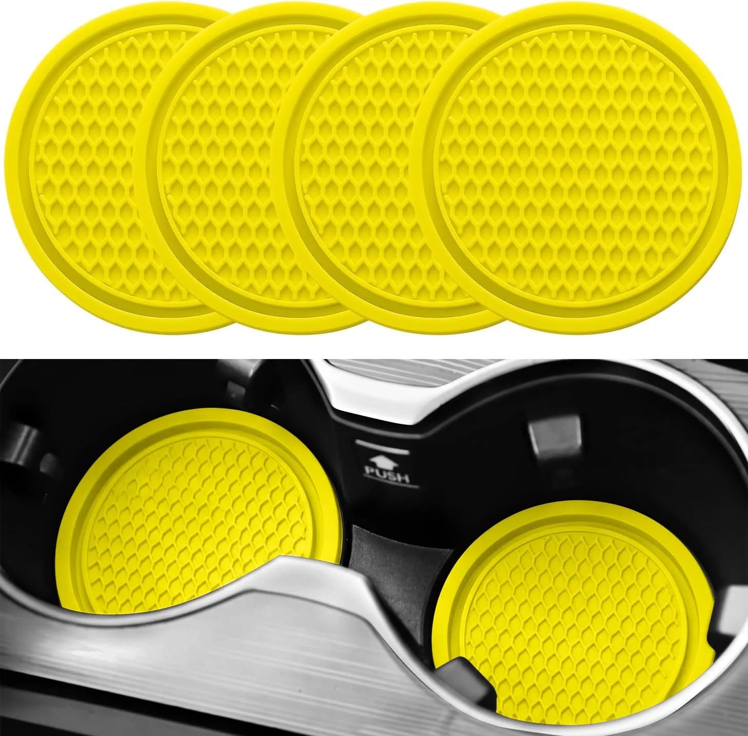 SINGARO Yellow 4PCS Silicone Car Cup Coaster Set | Universal Non-Slip Cup Holders Embedded in Ornaments Coaster