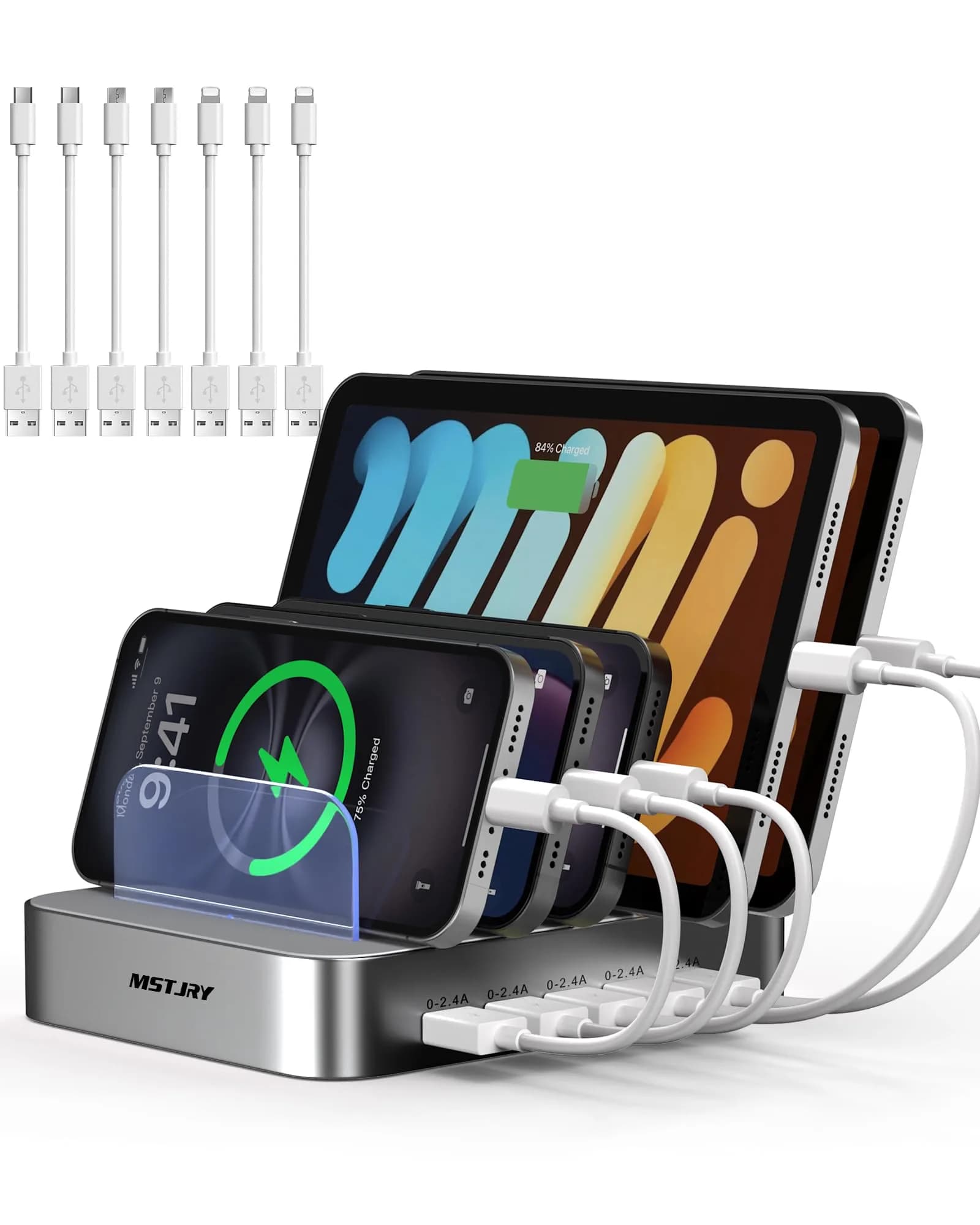 MSTJRY 5-Port USB-A Charging Station with 7 Cables, Silver | 50W 110-240V Compatible — silver