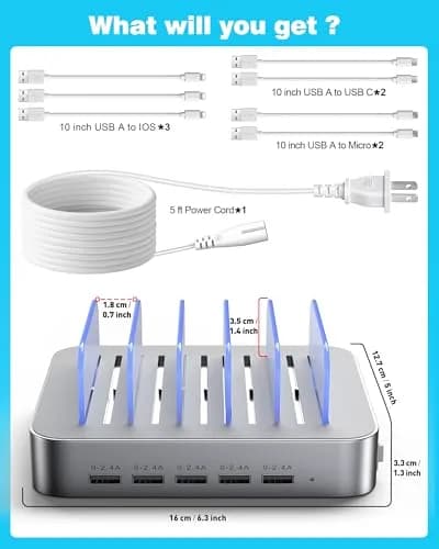MSTJRY 5-Port USB-A Charging Station with 7 Cables, Silver | 50W 110-240V Compatible thumbnail 7