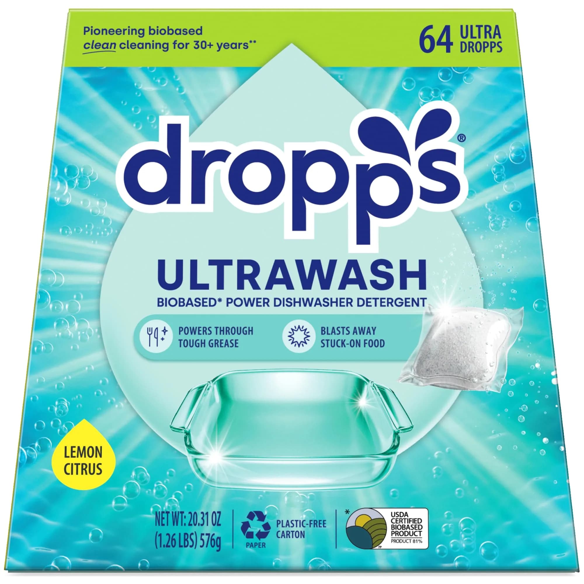 Dropps UltraWash Dishwasher Detergent Pods Lemon Citrus 576g (64 Ct) | USDA Biobased Formula Cuts Grease - main product image