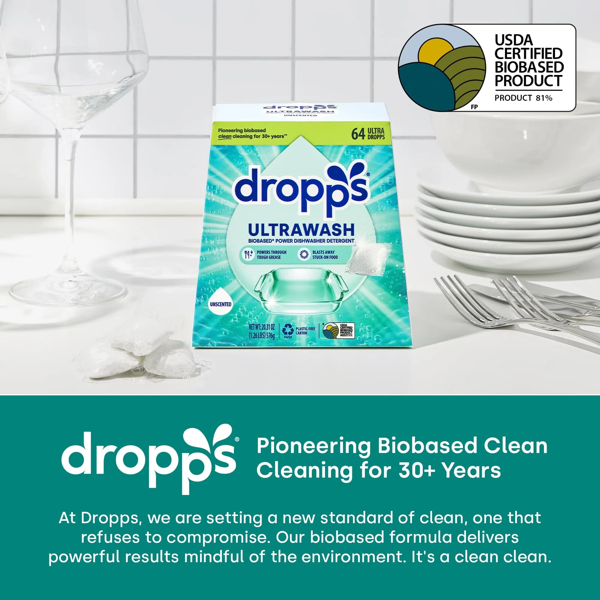 Dropps UltraWash Dishwasher Detergent Pods Lemon Citrus 576g (64 Ct) | USDA Biobased Formula Cuts Grease - view 6
