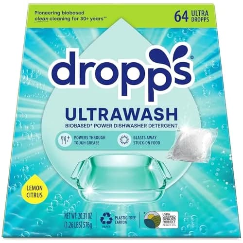 Dropps UltraWash Dishwasher Detergent Pods Lemon Citrus 576g (64 Ct) | USDA Biobased Formula Cuts Grease thumbnail 1