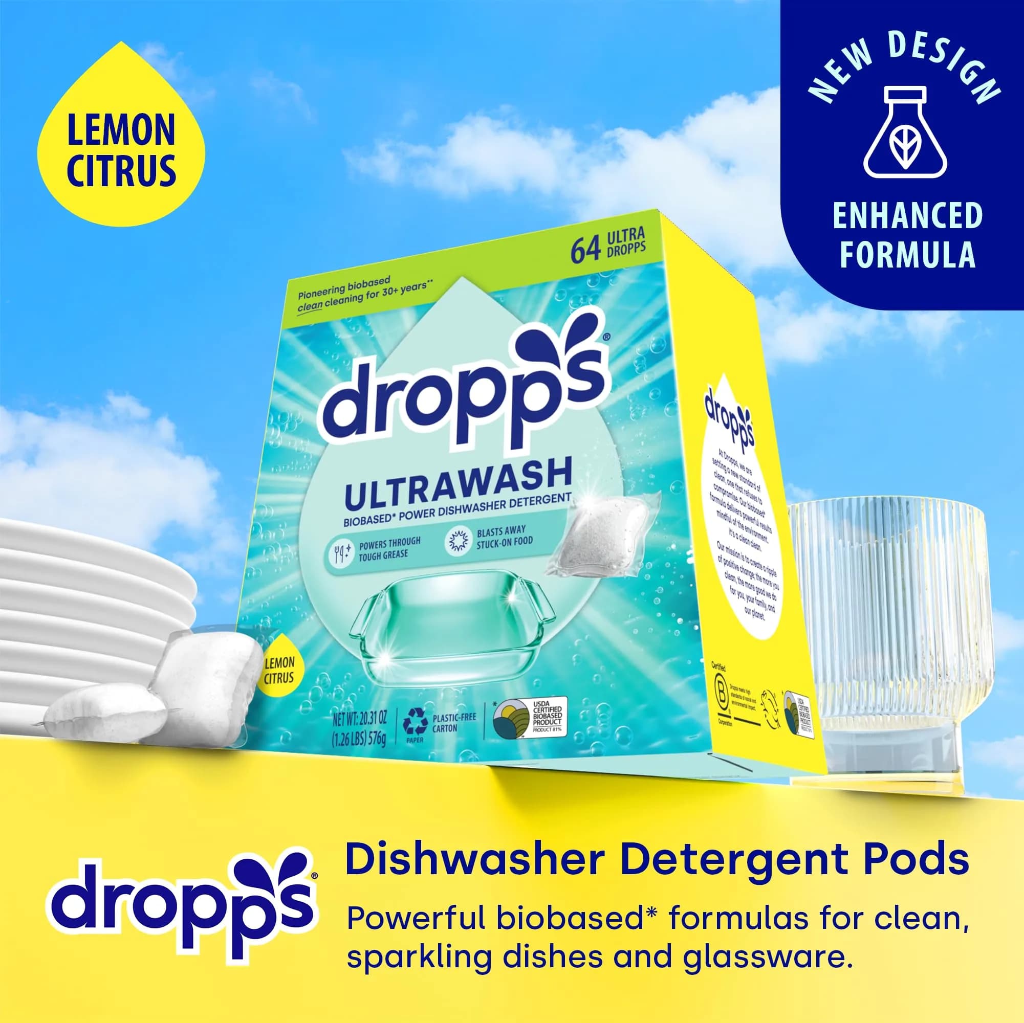 Dropps UltraWash Dishwasher Detergent Pods Lemon Citrus 576g (64 Ct) | USDA Biobased Formula Cuts Grease - view 2