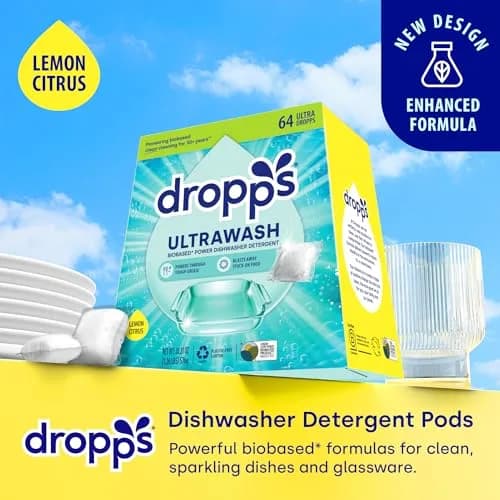 Dropps UltraWash Dishwasher Detergent Pods Lemon Citrus 576g (64 Ct) | USDA Biobased Formula Cuts Grease thumbnail 2