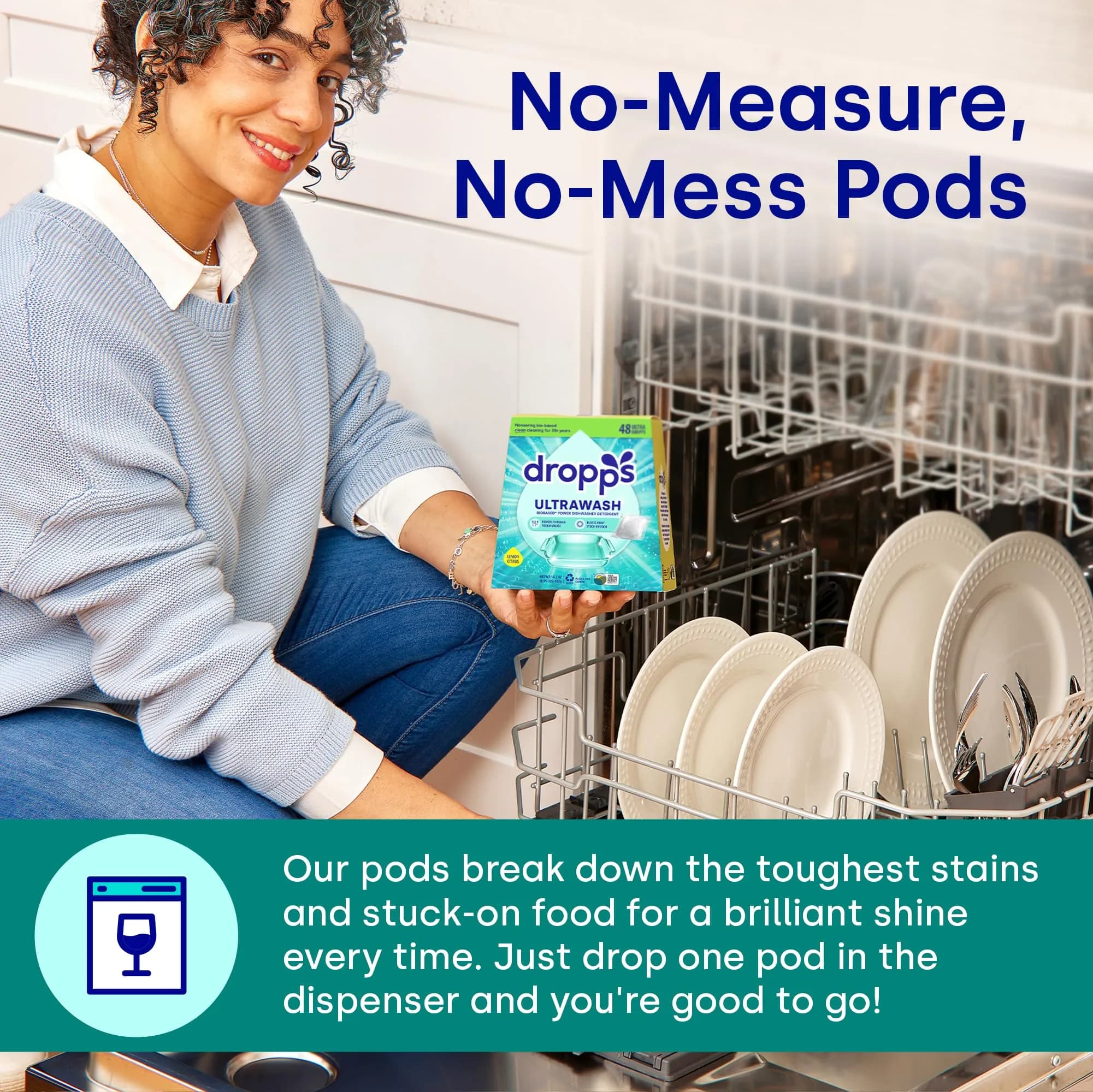 Dropps UltraWash Dishwasher Detergent Pods Lemon Citrus 576g (64 Ct) | USDA Biobased Formula Cuts Grease - view 4