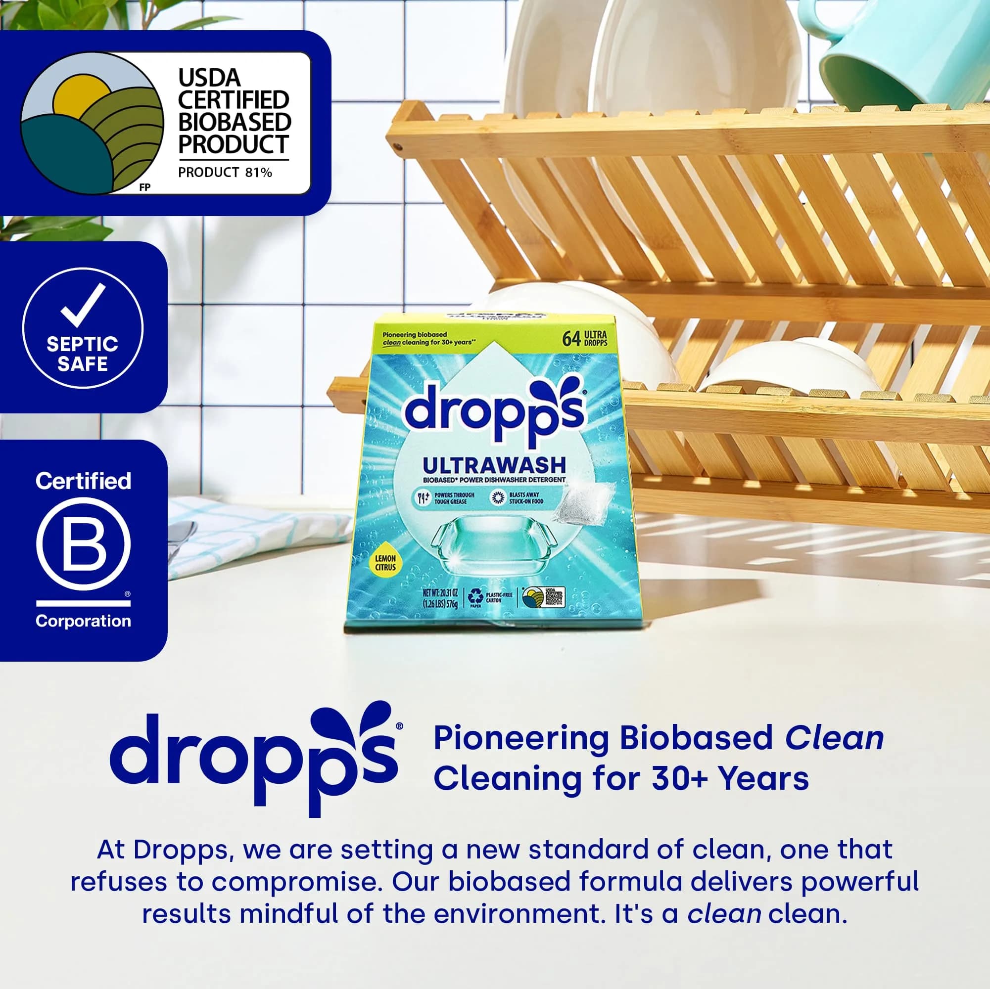 Dropps UltraWash Dishwasher Detergent Pods, Unscented (64 Ct) | USDA Biobased Formula - view 6