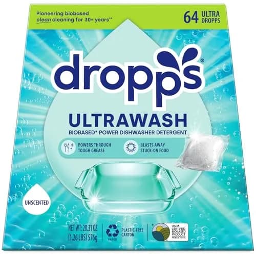 Dropps UltraWash Dishwasher Detergent Pods, Unscented (64 Ct) | USDA Biobased Formula thumbnail 1