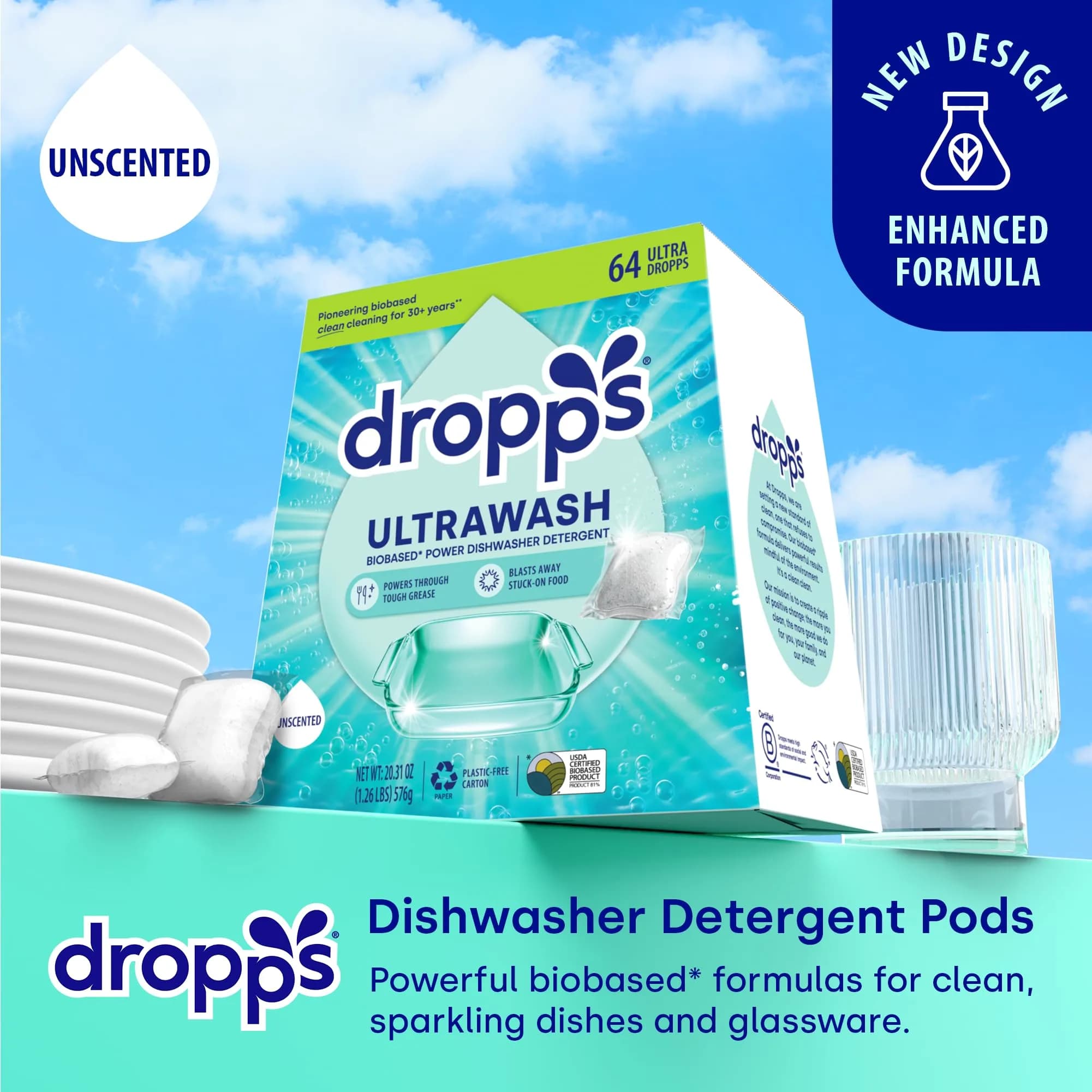 Dropps UltraWash Dishwasher Detergent Pods, Unscented (64 Ct) | USDA Biobased Formula - view 2