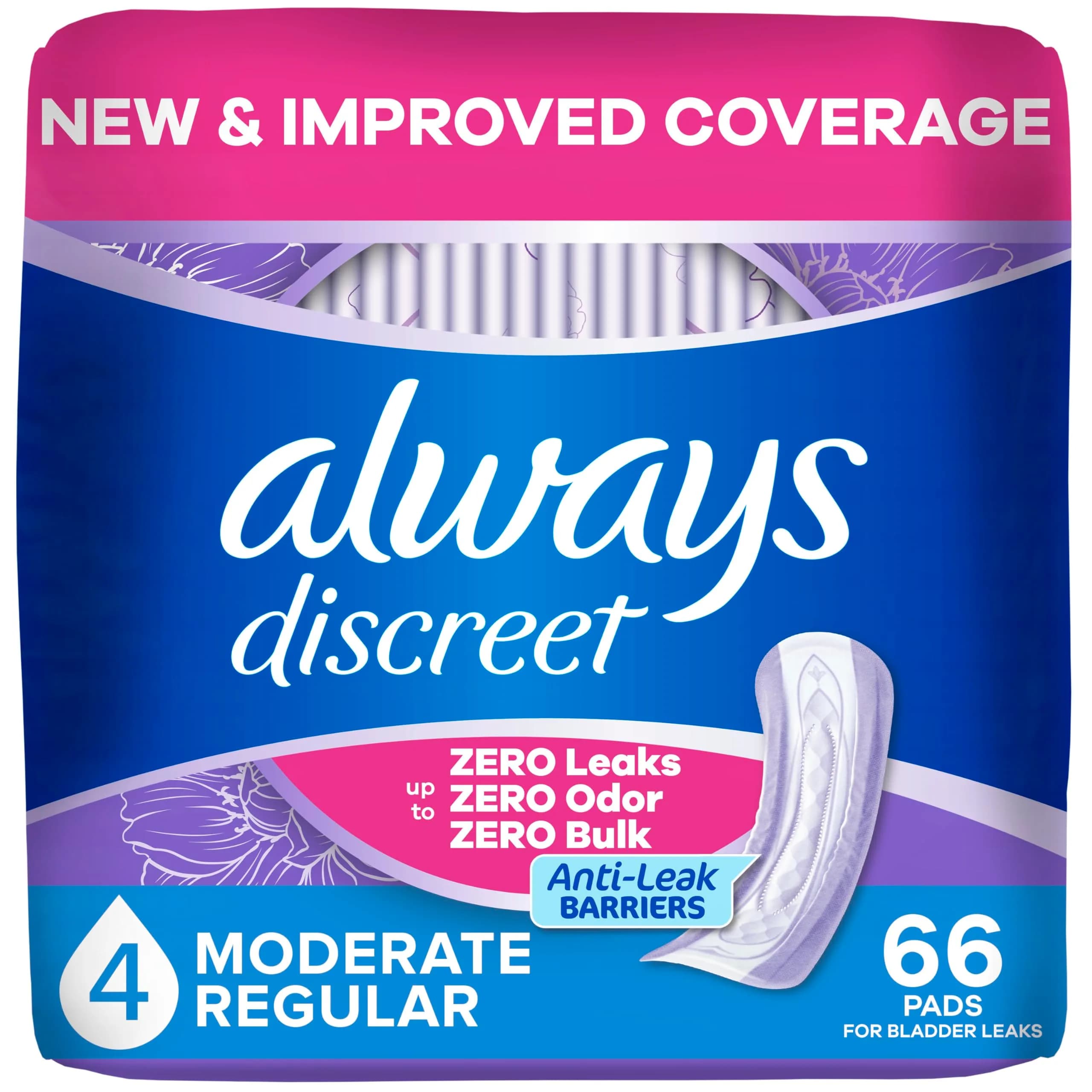 Always Discreet Adult Incontinence Pads for Women, Drier, Regular Length, Moderate Absorbency, 66ct | RapidDry Core Holds 5x Average Leak — Regular