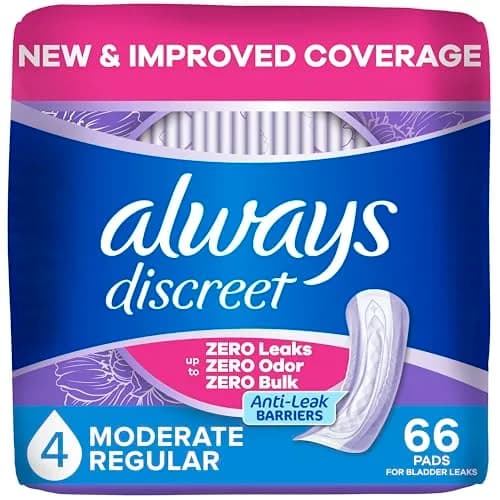 Always Discreet Adult Incontinence Pads for Women, Drier, Regular Length, Moderate Absorbency, 66ct | RapidDry Core Holds 5x Average Leak thumbnail 1