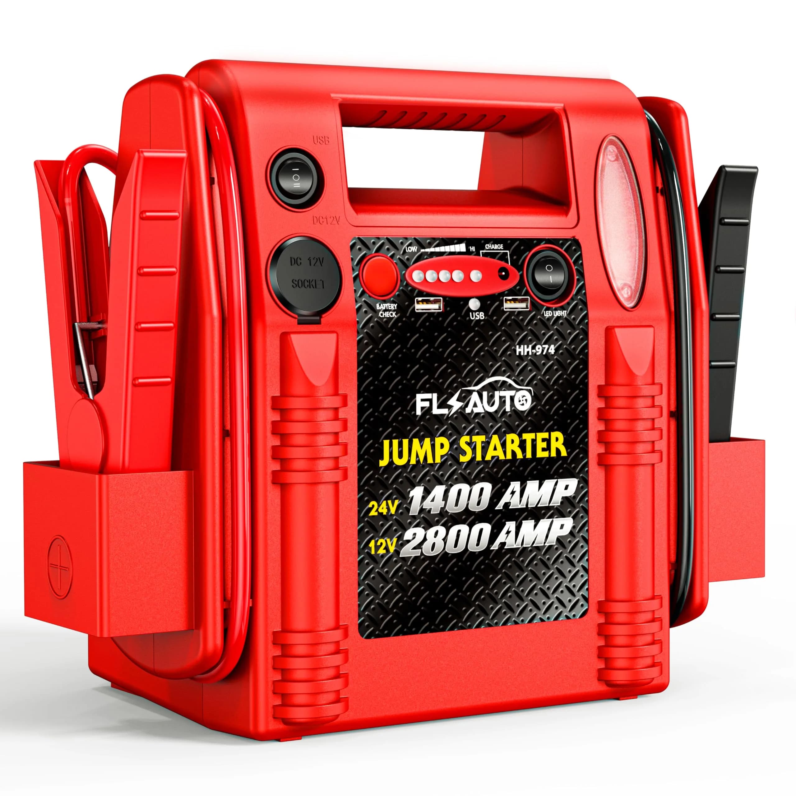FlyAuto 12V/24V Heavy Duty Jump Starter & Battery Booster | 2800A Peak, Lead-Acid, Emergency Power, Portable — Red