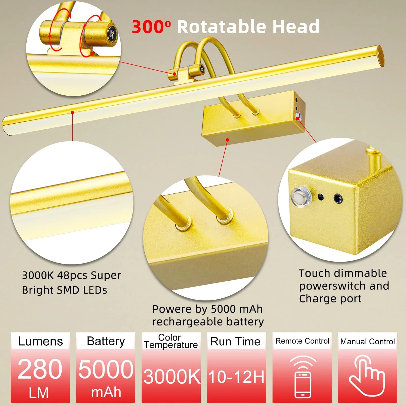 RAIFOOLLY Rechargeable Picture Light 16" Gold | 5000mAh Battery Operated Art Light with Remote Timer - view 6