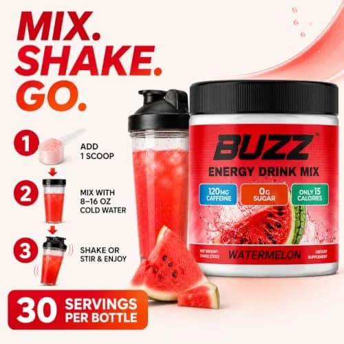 Morning Buzz Sugar Free Energy Drink Powder 30 Servings | Watermelon Flavor, cGMP Made in USA thumbnail 4