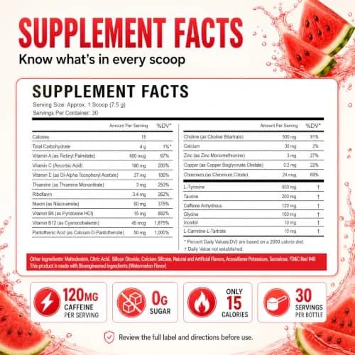 Morning Buzz Sugar Free Energy Drink Powder 30 Servings | Watermelon Flavor, cGMP Made in USA thumbnail 2