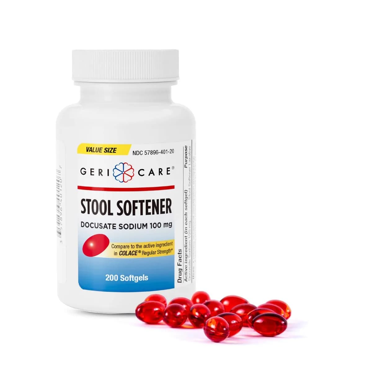 GeriCare Docusate Sodium Stool Softener 100mg | Gentle Constipation Relief for Adults, 200 Softgels - main product image