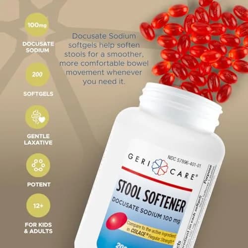 GeriCare Docusate Sodium Stool Softener 100mg | Gentle Constipation Relief for Adults, 200 Softgels thumbnail 3
