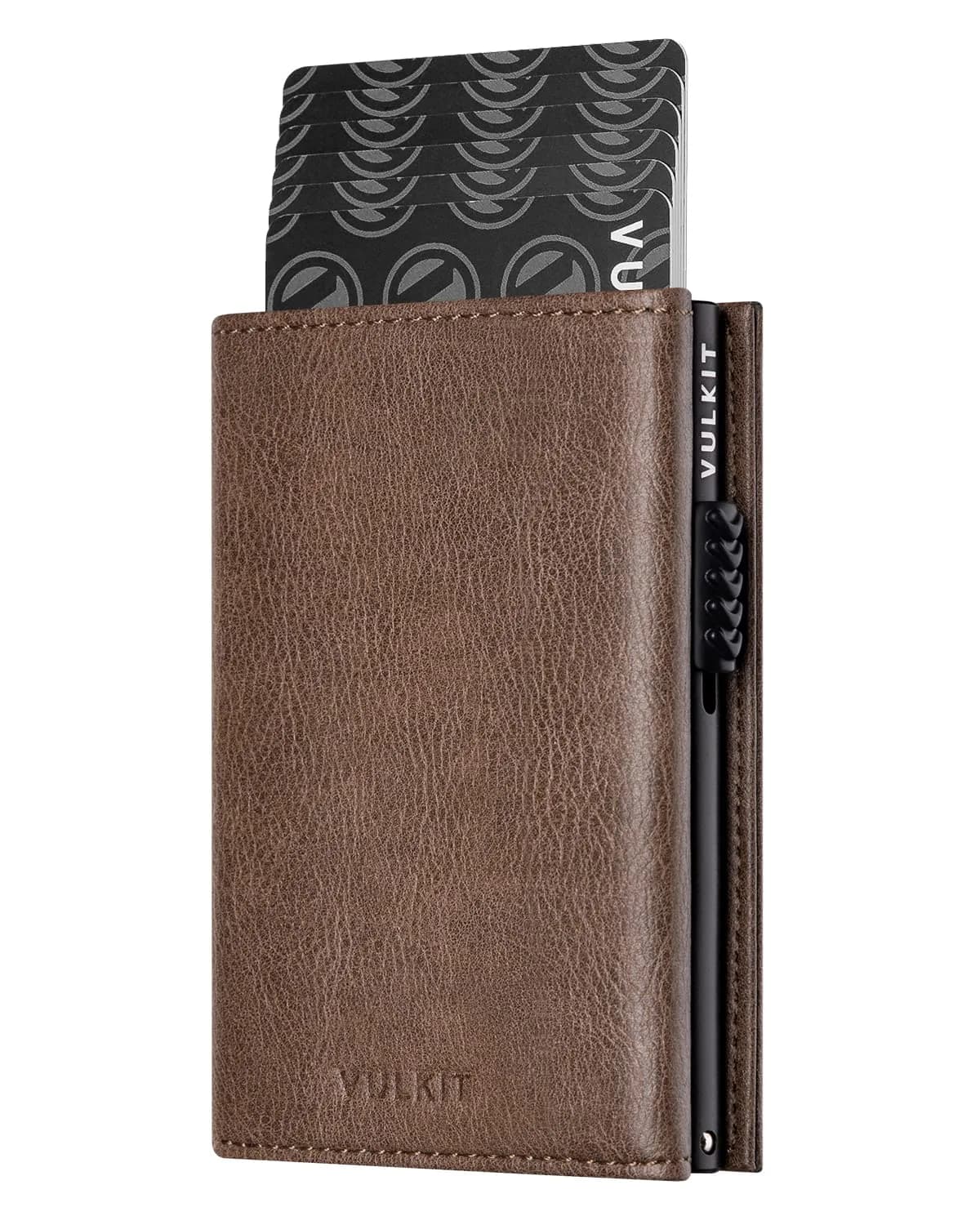 VULKIT Card Holder Wallet with Coin Pocket & ID Window | Magnetic Closure, Leather, Grain Espresso