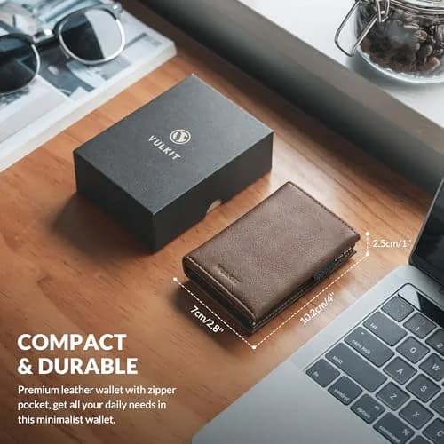VULKIT Card Holder Wallet with Coin Pocket & ID Window | Magnetic Closure, Leather, Grain Espresso thumbnail 6