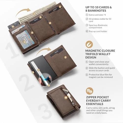 VULKIT Card Holder Wallet with Coin Pocket & ID Window | Magnetic Closure, Leather, Grain Espresso thumbnail 2
