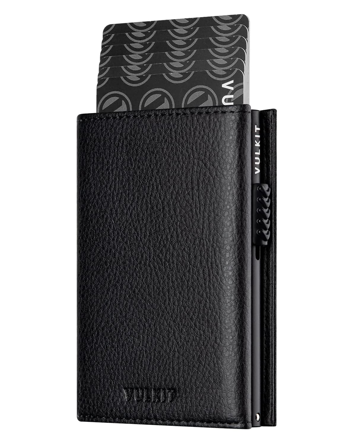 VULKIT Tri-Fold Leather Card Holder Wallet with Coin Pocket & Pop-Up Card Case, Grain Black, 10 Cards | RFID Blocking for Men - main product image