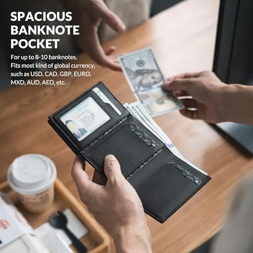 VULKIT Tri-Fold Leather Card Holder Wallet with Coin Pocket & Pop-Up Card Case, Grain Black, 10 Cards | RFID Blocking for Men thumbnail 4
