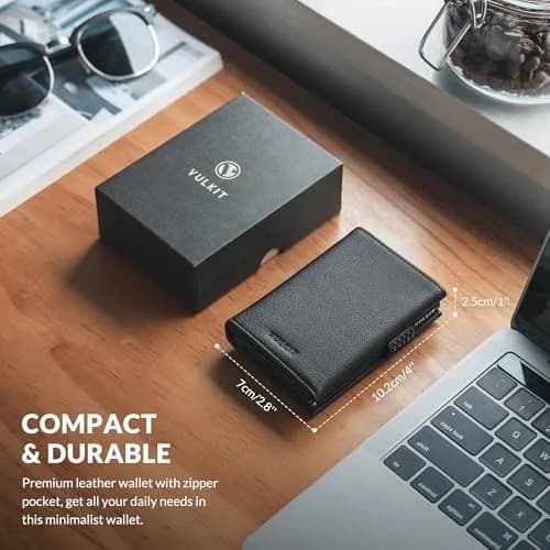 VULKIT Tri-Fold Leather Card Holder Wallet with Coin Pocket & Pop-Up Card Case, Grain Black, 10 Cards | RFID Blocking for Men thumbnail 6