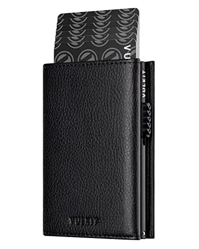VULKIT Tri-Fold Leather Card Holder Wallet with Coin Pocket & Pop-Up Card Case, Grain Black, 10 Cards | RFID Blocking for Men thumbnail 1