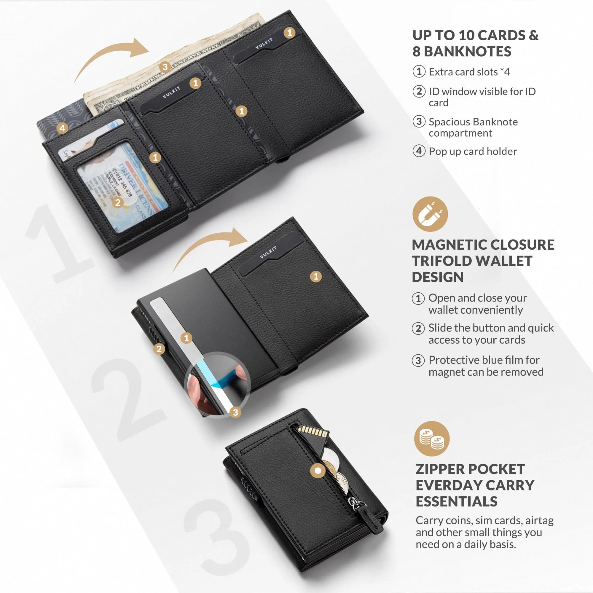 VULKIT Tri-Fold Leather Card Holder Wallet with Coin Pocket & Pop-Up Card Case, Grain Black, 10 Cards | RFID Blocking for Men - view 2