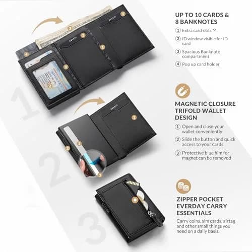 VULKIT Tri-Fold Leather Card Holder Wallet with Coin Pocket & Pop-Up Card Case, Grain Black, 10 Cards | RFID Blocking for Men thumbnail 2