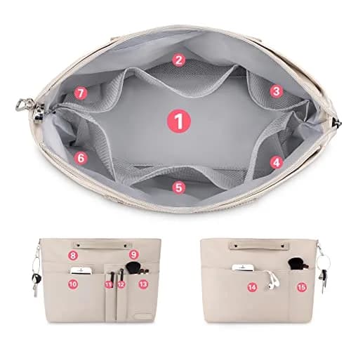 HyFanStr Purse Organizer Insert for Handbags, Tote Bag Organizer Liner with 15 Pockets, Beige 38.4cm x 20.7cm x 4.8cm thumbnail 3