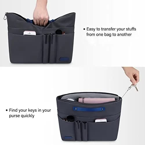 HyFanStr XL Gray Nylon Handbag Organizer Insert with 15 Pockets & Keychain | 39.6cm (15.6") x 12.4cm (4.9") x 25.4cm (10") thumbnail 4