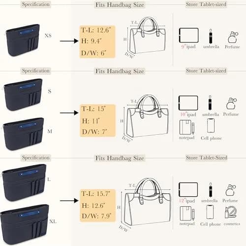 HyFanStr XL Gray Nylon Handbag Organizer Insert with 15 Pockets & Keychain | 39.6cm (15.6") x 12.4cm (4.9") x 25.4cm (10") thumbnail 5