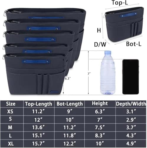 HyFanStr XL Gray Nylon Handbag Organizer Insert with 15 Pockets & Keychain | 39.6cm (15.6") x 12.4cm (4.9") x 25.4cm (10") thumbnail 2