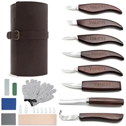 VIBRATITE Deluxe Wood Carving Kit, 15 PCS Black Walnut Handle Tools | Chromium Vanadium Alloy Steel Blades thumbnail 1