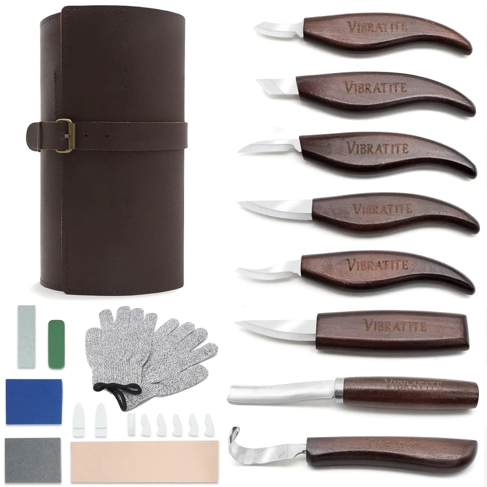 VIBRATITE Deluxe Wood Carving Kit, 15 PCS Black Walnut Handle Tools | Chromium Vanadium Alloy Steel Blades — 15pcs