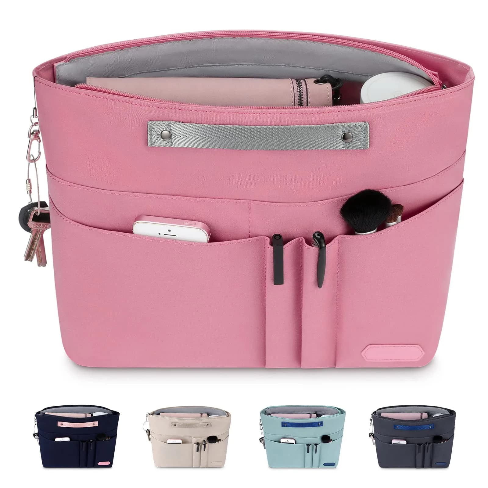 HyFanStr Pink Caddy | 15 Pockets Handbag Organizer Insert for Women, Tote Bag Inside Liner — Pink