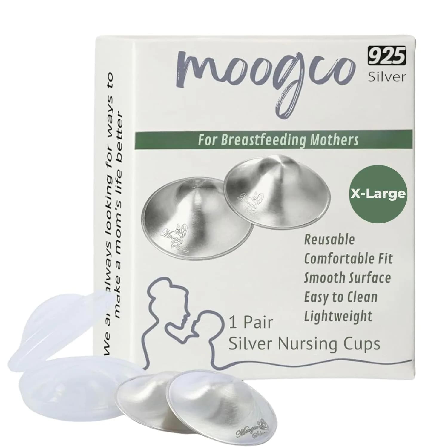 MOOGCO The Original Silver Nursing Cups X-Large | Pure 925 Sterling Silver Nipple Shields for Breastfeeding - main product image
