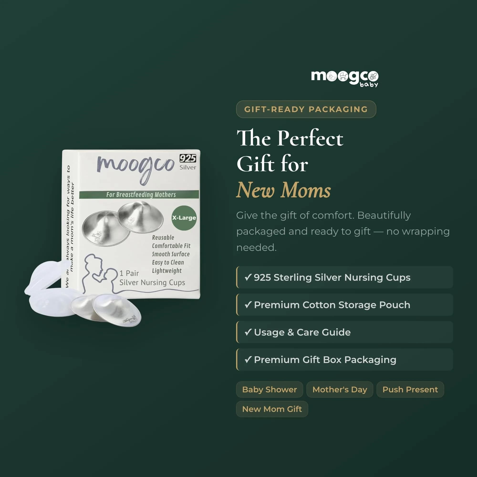 MOOGCO The Original Silver Nursing Cups X-Large | Pure 925 Sterling Silver Nipple Shields for Breastfeeding - view 9