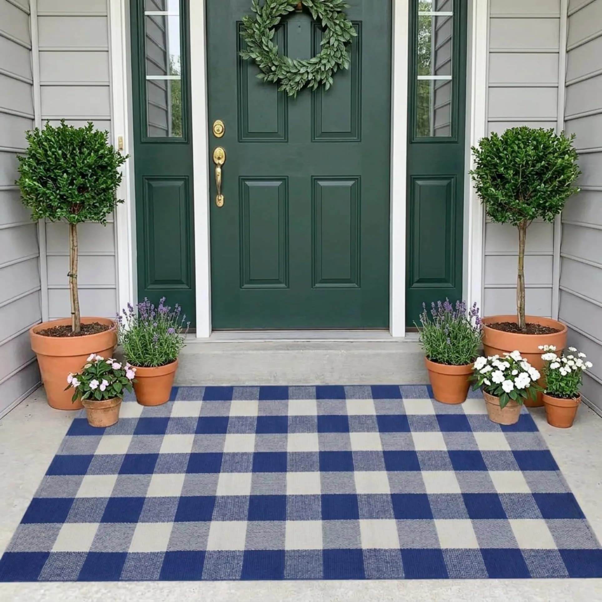 MUBIN Cotton Buffalo Plaid Rug 3' x 5' Blue White Outdoor Rug Layered Doormat