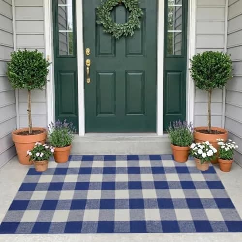 MUBIN Cotton Buffalo Plaid Rug 3' x 5' Blue White Outdoor Rug Layered Doormat thumbnail 1