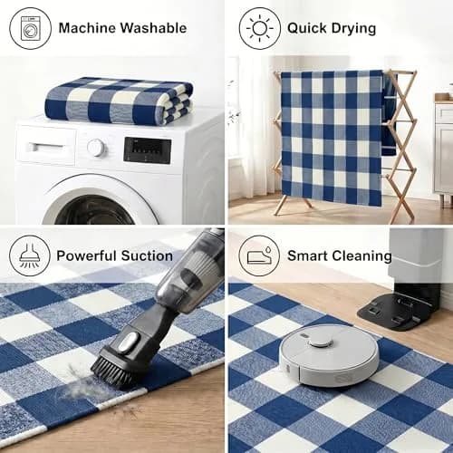 MUBIN Cotton Buffalo Plaid Rug 3' x 5' Blue White Outdoor Rug Layered Doormat thumbnail 4