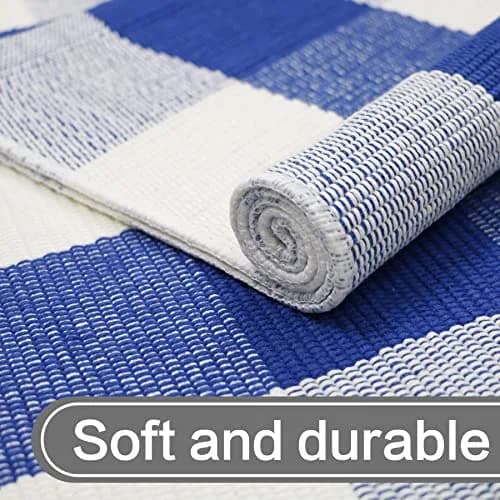 MUBIN Cotton Buffalo Plaid Rug 3' x 5' Blue White Outdoor Rug Layered Doormat thumbnail 7