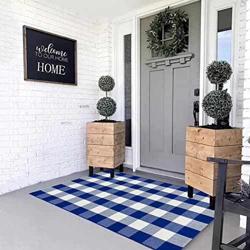 MUBIN Cotton Buffalo Plaid Rug 3' x 5' Blue White Outdoor Rug Layered Doormat thumbnail 3