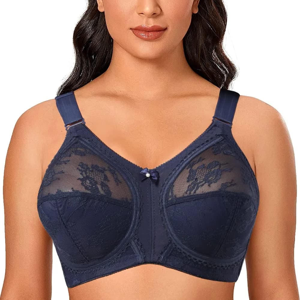 TELIMUSSTO Women's Floral Lace Bra 42DD | Full Coverage, Non Wired, Plus Size, Blue — Blue / 42DD