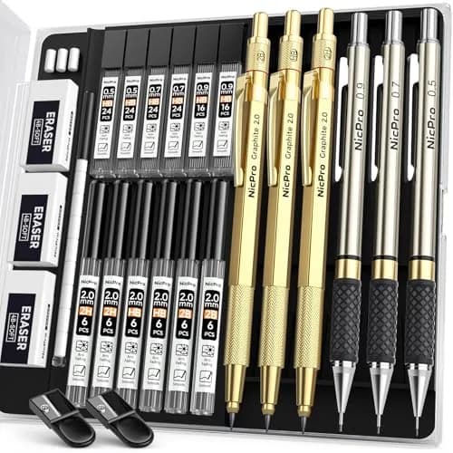 Nicpro Gold Art Mechanical Pencil Set with 0.5mm, 0.7mm, 0.9mm, 2mm Leads & Erasers | Value Pack for Students & Professionals — Gold