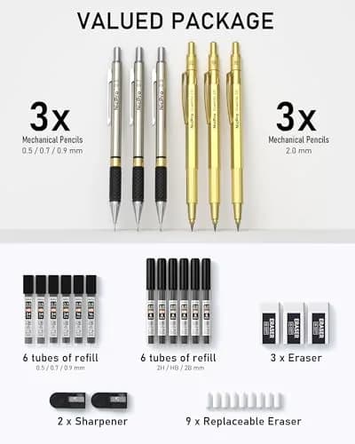 Nicpro Gold Art Mechanical Pencil Set with 0.5mm, 0.7mm, 0.9mm, 2mm Leads & Erasers | Value Pack for Students & Professionals thumbnail 4