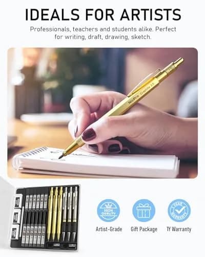 Nicpro Gold Art Mechanical Pencil Set with 0.5mm, 0.7mm, 0.9mm, 2mm Leads & Erasers | Value Pack for Students & Professionals thumbnail 6