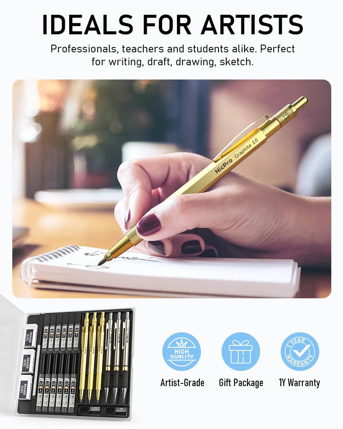 Nicpro Gold Art Mechanical Pencil Set with 0.5mm, 0.7mm, 0.9mm, 2mm Leads & Erasers | Value Pack for Students & Professionals - view 6